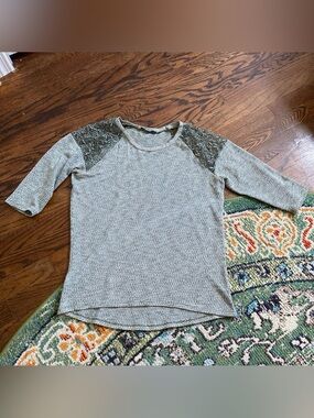 George heathered sage green 3/4 sleeve with sheer shoulders